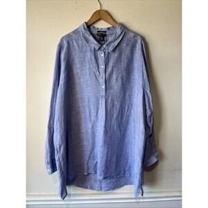 Jones New York Blue Linen Long Sleeve Tunic Top  3X Lagenlook Pullover Beachy